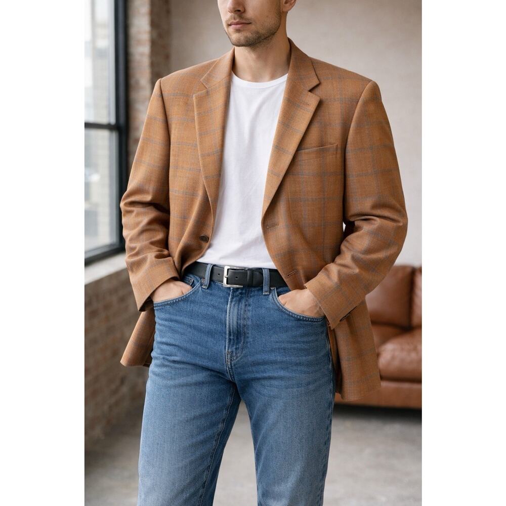 Mantoni Super 140's Wool Blazer Mens 42L Rust Color Milan Italy Check Pattern